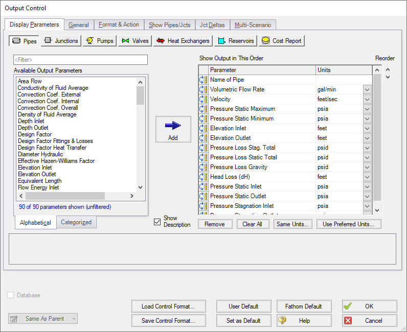 The Pipe output options in the Output Control window.